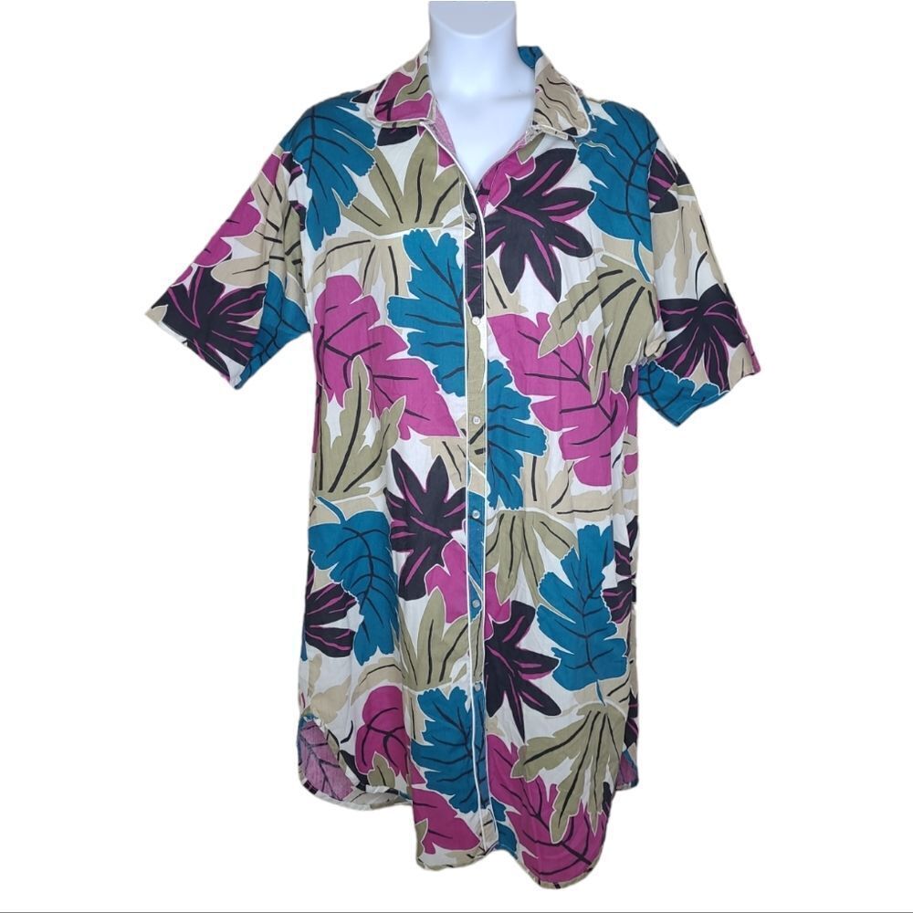 VINTAGE 80s bold‎ botanical leaf Hawaiian snap button nightgown house coat L